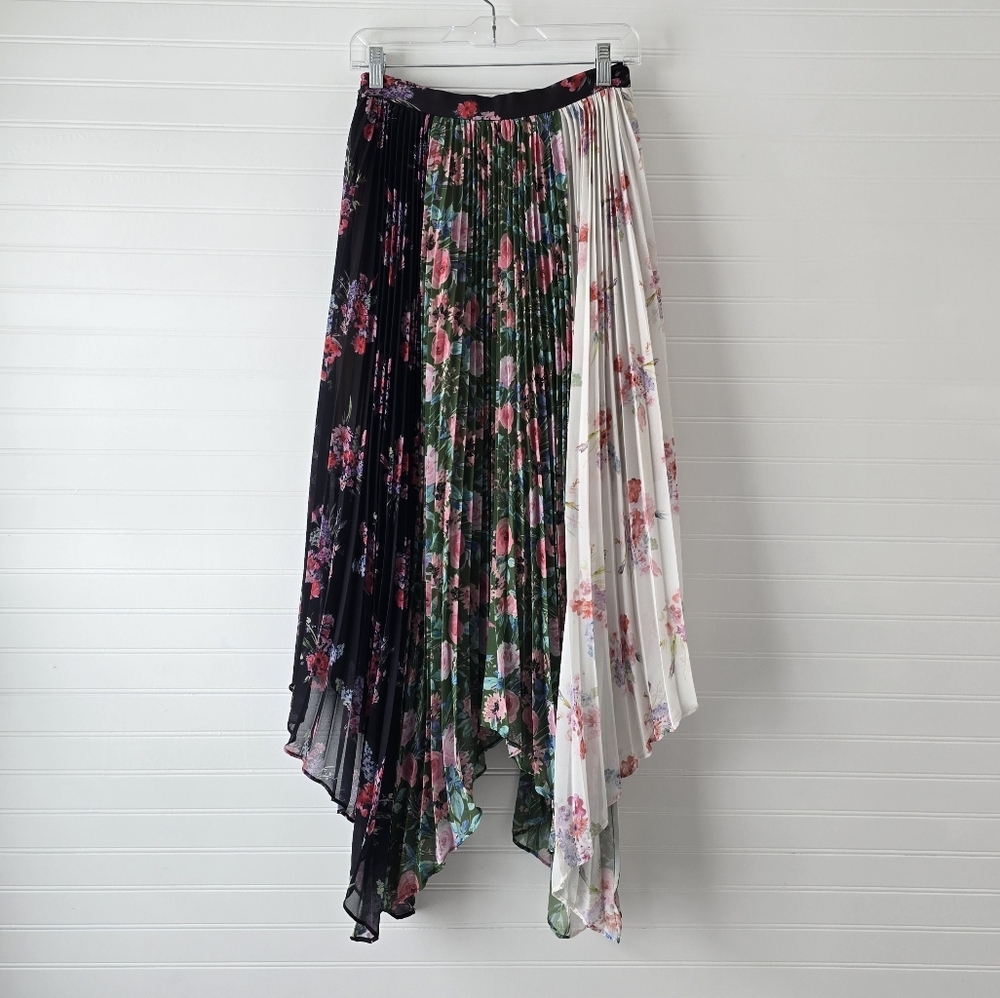 Amur Mica Skirt Tri Color Floral Pleated Hankerchief Hem Midi Skirt 4 - Picture 4 of 10